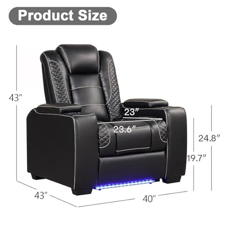 EBELLO Power Home Theater Seating, Electric Gaming Recliner Chair with Adjustable Headrest, Faux Leather Movie Reclining Chairs with Cup Holders LED Lights,USB Port,Hidden Arm Storage, Black EBELLO