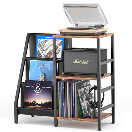 Coco Bird Vinyl Record Player Stand with 3-Tier Storage, Turntable Display Shelf for 200 Albums, Record Storage Table for Living Room, Stylish Holder with Speaker Storage Coco Bird