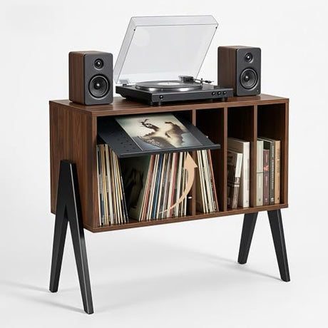 Record Player Stand with Vinyl Storage Cabinet, 32'' Mid Century Modern Turntable Console Table for Albums Display, Heavy-Duty Media Audio Bookshelf for Speakers & Stereo, Black Walnut Wood FurnPulse