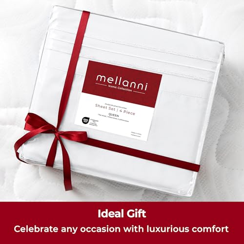 Mellanni Extra Deep Queen Sheets - 4 PC Iconic Collection Bedding - Hotel Luxury, Ultra Soft, Cooling Bed Sheets - Wrinkle, Fade, Stain Resistant (Queen, White) Mellanni