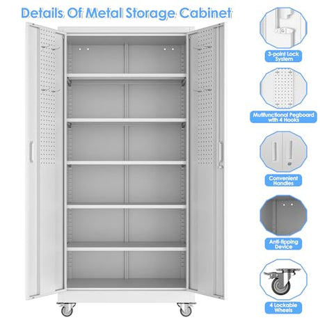Aobabo Upgraded Garage Storage Cabinets with Wheels,Metal Storage Cabinets with 5 Adjustable Shelves for Garage Home Office Storage,White,71''H*34''W*18''D,Assembly Required Aobabo