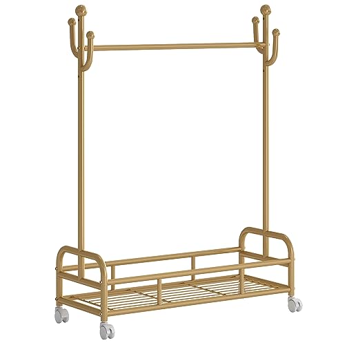 Bestier Kids Dress Up Rack, Adjustable Rack Height for Kids Clothes Rack, Bottom Storage Shelf with Wheels, Metal Dress Up Rack for Kids, Toddler, Children, Girls, Boys, Gold Bestier