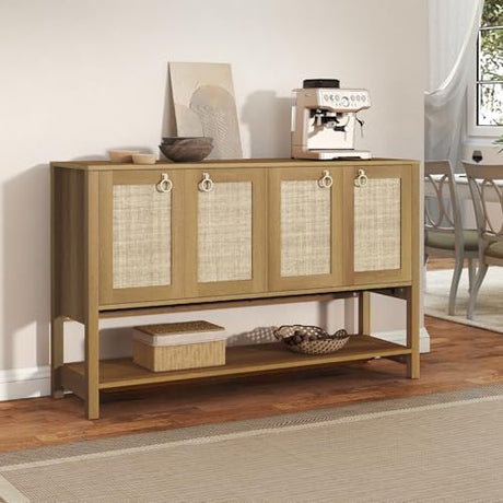 LubanNese 55" Rattan Sofa Console Table, Boho Wood Entryway Storage Cabinet with 4 Doors & Adjustable Shelf, Multifunctional Coffee Bar Sideboard Buffet for Kitchen, Dining Room, Living Room LubanNese