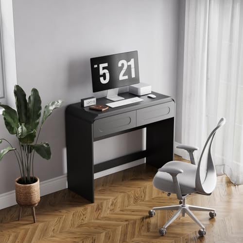 Vanity Desk, Makeup Vanity Desk with 2 Drawers and Storage Desktop Space, Modern Makeup Vanity Dressing Table with Curved Profile Design, Black Makeup Computer Writing Desk for Home Office Bedroom SOLACE FURNITURE