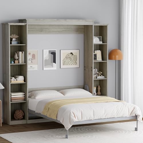 Rophefx Queen Murphy Bed Cabinet with 5-Tier Adjustable Storage Shelves, Queen Wall Bed Cabinet Bed, Wood Space Saving Beds, Foldable Platform Beds, Hidden Bedframe for Guest Room, Bedroom,Grey Rophefx
