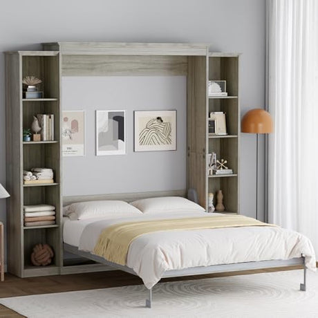 Rophefx Queen Murphy Bed Cabinet with 5-Tier Adjustable Storage Shelves, Queen Wall Bed Cabinet Bed, Wood Space Saving Beds, Foldable Platform Beds, Hidden Bedframe for Guest Room, Bedroom,Grey Rophefx