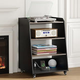Rresyet 22.1" 4-Tier AV Media Stand with Wheels, Wooden Record Player Stand with LED Lights，Stereo Rack and Game Console Stand for Music Room, Living Room Rresyet