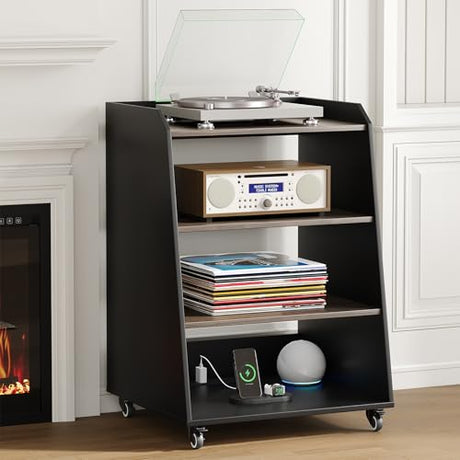 Rresyet 22.1" 4-Tier AV Media Stand with Wheels, Wooden Record Player Stand with LED Lights，Stereo Rack and Game Console Stand for Music Room, Living Room Rresyet