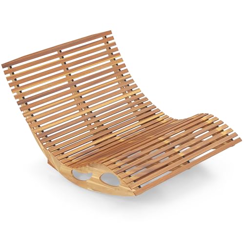 Tangkula Outdoor Double Chaise Lounge Chair, Acacia Wood Rocking Sunbed with Slatted Backrest and Seat, Wooden Loveseat Rocker for Patio, Garden and Poolside