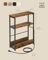 VASAGLE Side Table with Charging Station, Narrow End Table, 3-Tier Nightstand, Sofa Table for Small Spaces, Magazine Rack, for Living Room, Bedroom, Study, Rustic Brown and Ink Black ULET335K01 VASAGLE