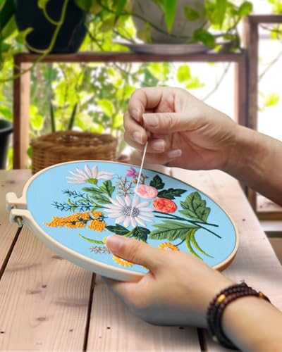 TINDTOP 5 Sets Embroidery Kit for Adults, Floral Embroidery Practice Kit for Beginners Include Embroidery Cloth Hoops Threads for Craft Lover Hand Stitch TINDTOP
