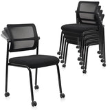 CLATINA Stacking Armless Office Waiting Room Chair with Wheels, Stackable Mesh Guest Reception Desk Chairs with Adjustable Backrest for Conference Lobby Side School, Black, 4 Pack CLATINA