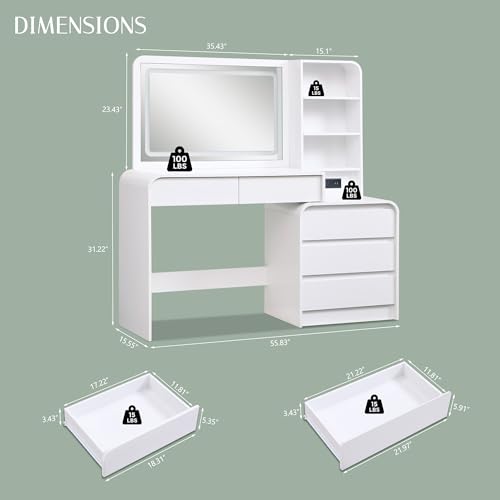 wow97e 50" Makeup Vanity Desk with 35.43" Mirror and Lights, Large 5 Drawers Makeup Table with Adjustable Shelves and Charging Station, 3 Lighting Modes for Women and Girls, Bedroom or Dorm, White wow97e
