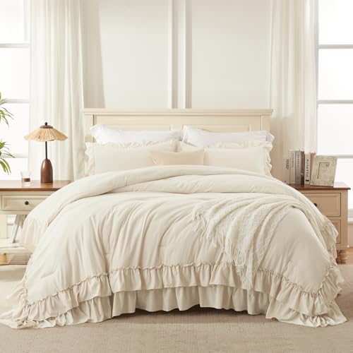 Andency Beige Twin Size Comforter Set, 2 Pieces Boho Lightweight Fluffy Ruffle Bedding Set & Collections, All Season Soft Microfiber Farmhouse Shabby Chic Bed Set for Kids (66x90In Comforter) Andency