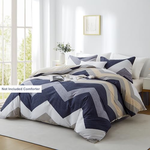 BOLINLIVING Wavy Striped Queen Duvet Cover Set, Blue Geometric Zipper Duvet Cover 104"x90" with 2 Pillow Sham 20"x36", 3 Pieces Soft Breathable Single Bedding Sets with 4 Corner Ties BOLINLIVING