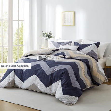 BOLINLIVING Wavy Striped Queen Duvet Cover Set, Blue Geometric Zipper Duvet Cover 104"x90" with 2 Pillow Sham 20"x36", 3 Pieces Soft Breathable Single Bedding Sets with 4 Corner Ties BOLINLIVING