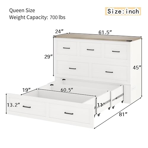 Bellemave Queen Murphy Bed, Cabinet Bed with Charging Station and 1 Large Storage Drawer, Farmhouse Murphy Cabinet with Foldable Panel, Noisy Free, for Guest Bedroom, Living Room, White Bellemave