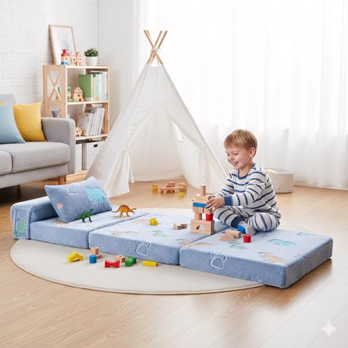 Foldable Floor Mattress with Pillow for Kids, Glow in The Dark Blue Dinosaur Toddler Washable Folding Floor Mat for Daycare, Child Trifold Futon Sofa Bed with Storage Bag for Playroom Girls and Boys Givjoy