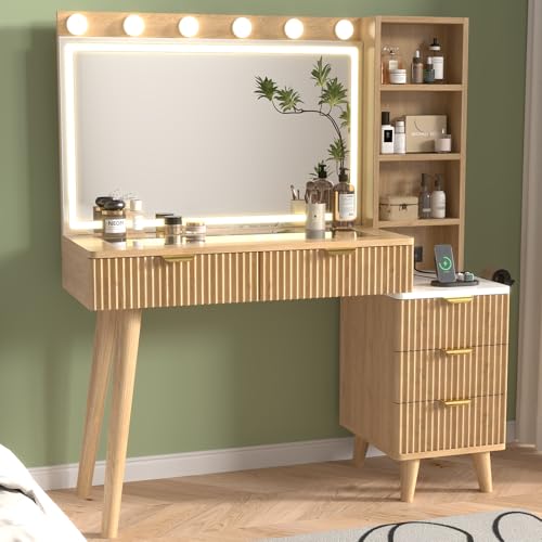 SFDOU 43" Fluted Makeup Vanity Desk with 32" Mirror and Lights, Modern Glass Top Large Vanity Table with 5 Drawers and 3 Storage Shelves, Dressing Table Set with Charging Station for Bedroom-Gray SFDOU