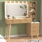SFDOU 43" Fluted Makeup Vanity Desk with 32" Mirror and Lights, Modern Glass Top Large Vanity Table with 5 Drawers and 3 Storage Shelves, Dressing Table Set with Charging Station for Bedroom-Gray SFDOU