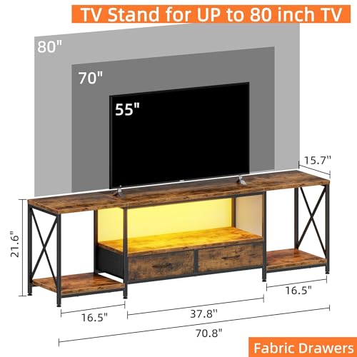 DSAFGGY LED TV Stand with Fabric Drawers, Entertainment Center for 75 80 Inches TV Console Table with Storage Shelves for Living Room, Bedroom, Television Stands 71" Rustic Brown - WoodArtSupply