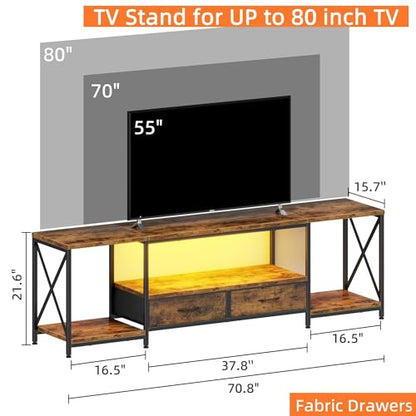 DSAFGGY LED TV Stand with Fabric Drawers, Entertainment Center for 75 80 Inches TV Console Table with Storage Shelves for Living Room, Bedroom, Television Stands 71" Rustic Brown - WoodArtSupply