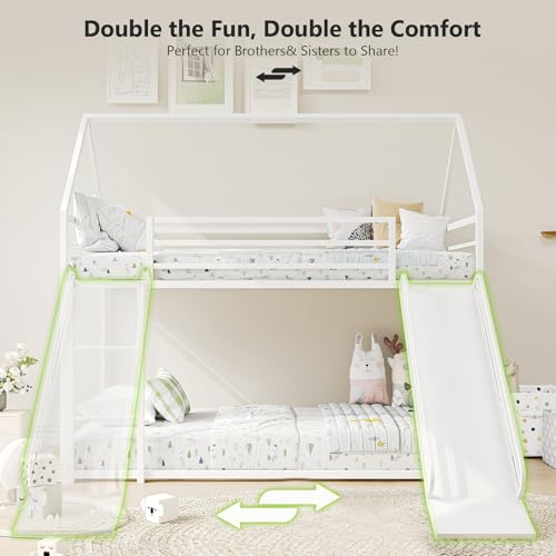 YIORTWO House Bunk Bed Twin-Over-Twin Low Metal Frame with Roof Fun Convertible Slide & Full Safety Guardrails Durable Toddler Bunk Bed with Montessori Floor Design,White YIORTWO