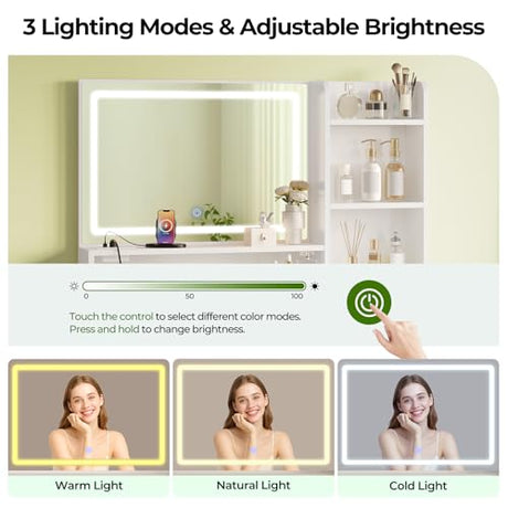 Greenstell Vanity Desk with Mirror and Lights, Makeup Vanity Table with Upholstered Stool, 4 Drawers & 3 Storage Shelves, Power Outlet, 3 Adjustable Lighting Modes for Bedroom and Dressing Room, White GREENSTELL