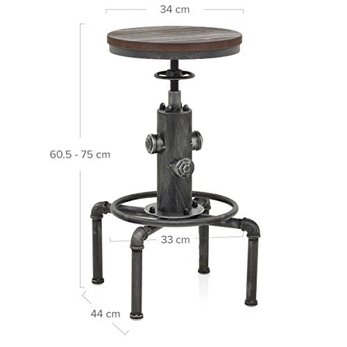 Topower Industrial Barstool,13" Solid Wood, Adjustable Height 23.6"-29.5", Counter Stool, Kitchen Cafe Pub Bar Stool, Set of 2, Silver Topower