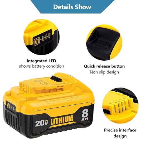 Mtatapia 2-Pack Replace for DEWALT 20V MAX* XR Battery 8.0-Ah, Replace for dewalt 20v Batteries DCB205-2 DCB206 DCB204 DCB203 DCB208, Compatible with DeWalt 20V Cordless Power Tools (2-Pack) Mtatapia