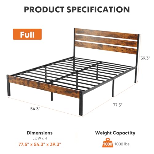 Sweetcrispy Full Size Bed Frame with Headboard, 800LBS Mattress Foundation with All Sturdy Metal Support, Under Bed Storage, No Box Spring Needed, Easy Assembly, Rust Brown Sweetcrispy