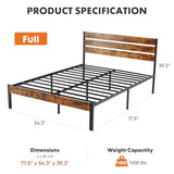Sweetcrispy Full Size Bed Frame with Headboard, 800LBS Mattress Foundation with All Sturdy Metal Support, Under Bed Storage, No Box Spring Needed, Easy Assembly, Rust Brown Sweetcrispy
