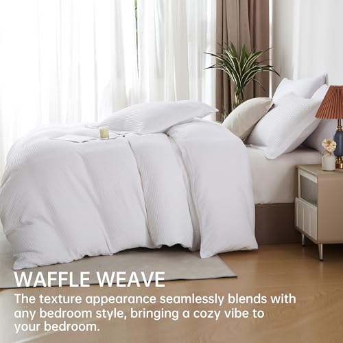 BOLINLIVING Waffle Weave Duvet Cover Twin Size, Kid's Microfiber Duvet Cover with Pillow Sham, White Textured Soft Comforter Cover for All Season with Zipper Closure and Corner Ties BOLINLIVING