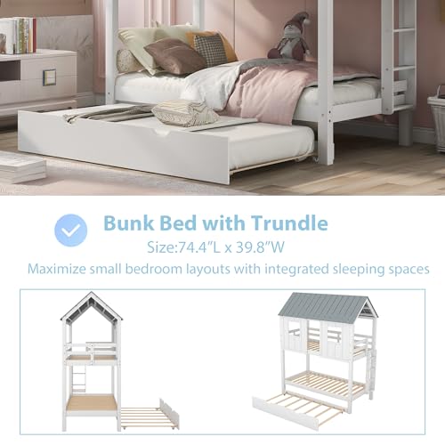 Merax Twin Over Twin Bunk Bed with Trundle,Roof and Windows,House-Shaped Wood Bunk Bed for with Built-in Ladder and Guardrail for Girls,Boys,White+Grey Merax