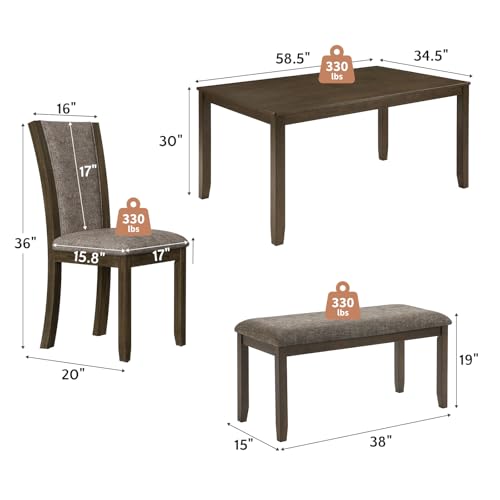 Zevemomo 6-Piece Solid Wood Dining Table Set, Including 1 Dining Table, 4 Upholstered Chairs and 1 Bench, Farmhouse Wooden Legs Dining Table Set for Living Room, Kitchen, Dark Walnut Zevemomo