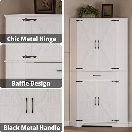 IRONCK Corner Cabinet with Drawer, 72" Kitchen Pantry Cabinet, 5-Tier Farmhouse Pantry with 3 Adjustable Shelves, 2 Doors Storage, Spacious Hutch for Kitchen, Living Room, White IRONCK