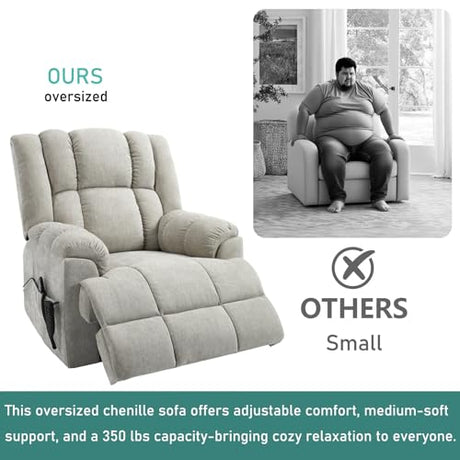 RHHVVR Power Lift Recliner Chair for Elderly, Oversized Chenille Electric Recliners Chairs for Living Room, Dual Motor 180° Lay Flat Recliner Big Sofa with Massage and Heating, Heavy-Duty, Beige RHHVVR