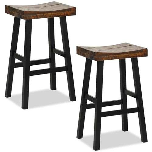 Giantex Bar Stools Set of 2, 29" Bar Height Saddle Stools, Bar Dining Chairs with Rubber Wood Frame & Footrest, Backless Barstools for Kitchen Island, Dining Room, Pub, Rustic Brown - WoodArtSupply