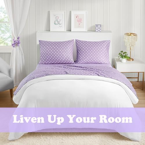 Intelligent Design Purple Twin Size Sheet Sets Kids Polka Dot Sheets for Girls 100% Cotton Percale Soft Flat and Fitted Sheet, Pillowcase, Breathable All Season Bed Set, Fits up to 14" Mattress Intelligent Design