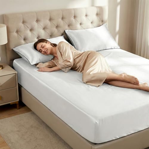 Thmyo 3-Piece Satin Bedding Set,Satin Fitted Sheet with Pillowcases,Soft Comfort Hypoallergenic Breathable Bedding Set (1 Fitted Sheet+2 Pillowcases) (White, Queen) Thmyo