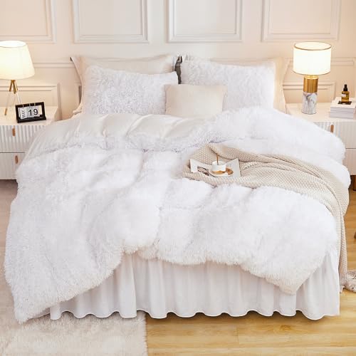 Andency White Comforter Full Size Set, 3 Pieces Fluffy Faux Fur Warm Soft Fuzzy Plush Bedding Comforter Set, Thick Heavy Puffy Comfy Bedding Sets Andency