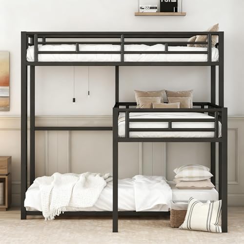 KMBOHE Twin Size L-Shaped Triple Bunk Bed with 3 Twin Beds, Space Saving Corner Design for Multiple Kids, Metal Frame with Built-in Ladder & Full-Length Guardrails, No Box Spring Needed, Black KMBOHE
