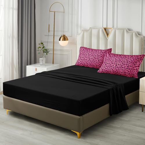 Leopard Print Comforter King Black and Pink Bedding Sets 8 Pcs Hot Pink Cheetah Animal Print Texture Wild Leopard Bed in A Bag with Comforter and Sheet Set Chumerry