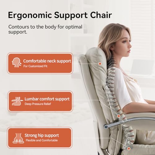 LEAGOO Office Chair with Foot Rest, Ergonomic Executive Office Chair with Arms, Reclining High Back PU Leather Comfy Swivel Computer Desk Chairs with Wheels and Lumbar Support for Home Office, Cream LEAGOO