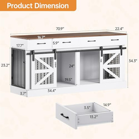 OtterOasis Extra Large Dog Crate Furniture for 2 Dogs, 71'' Dog Kennel Indoor with Removable Divider and 4 Storage Drawers, Sturdy Wooden Dog Crate TV Stand with 4 Doors for Large Medium Small Dogs OtterOasis