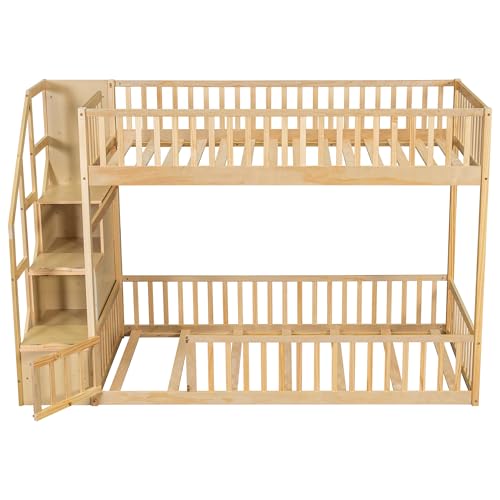 Merax Twin Over Twin Floor Bunk Bed with Storage Ladder and Guardrails, Wood Twin Bunk Bed for Kids Teens Adult, Natural Merax