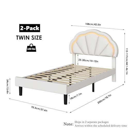 HIFIT Twin Upholstered LED Bed Frame with Adjustable Petal Headboard in Beige - Soft Velvet Princess Platform Bed for Kids HIFIT
