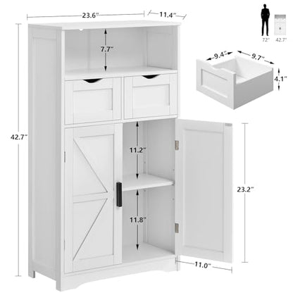 WEENFON Vintage White Floor Cabinet with Barn Doors, 2 Drawers, and Adjustable Shelf for Versatile Home Storage