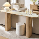 OKD 63 Inch Modern Console Table with Arc Faux Marble Texture Top, Fluted Wood Base, Contemporary Entryway Sofa Table for Living Room, Hallway, Foyer, Natural Oak OKD
