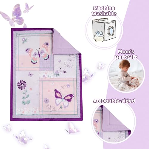 Wowelife Girl Crib Bedding Set, Butterfly Baby Girl Nursery Bedding Set, Premium Purple Baby Bedding Set, Baby Girl Cot Bed Set Include Quilted Comforter, Crib Skirt and Crib Sheet, Purple Wowelife